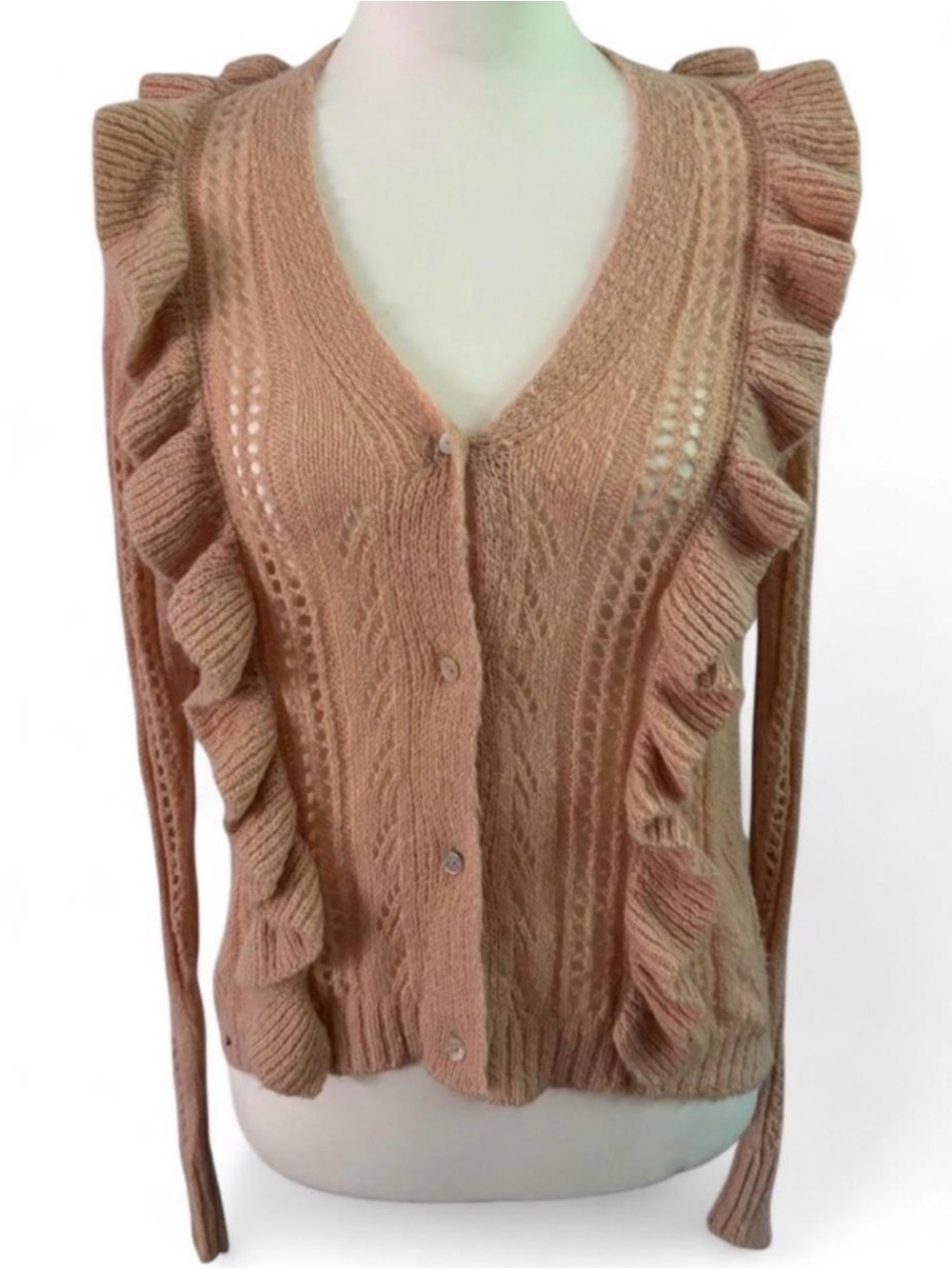 Women's Pink Ruffle Cable-Knit Cardigan Sweater Sz M